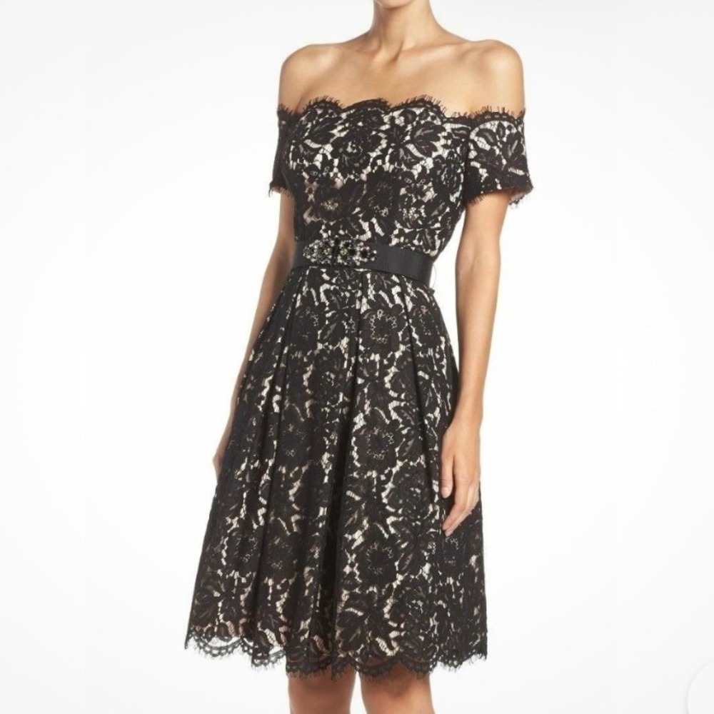 Eliza J Women's Dress Fit and Flare Lace Evening Dress Black Tan Sz 6